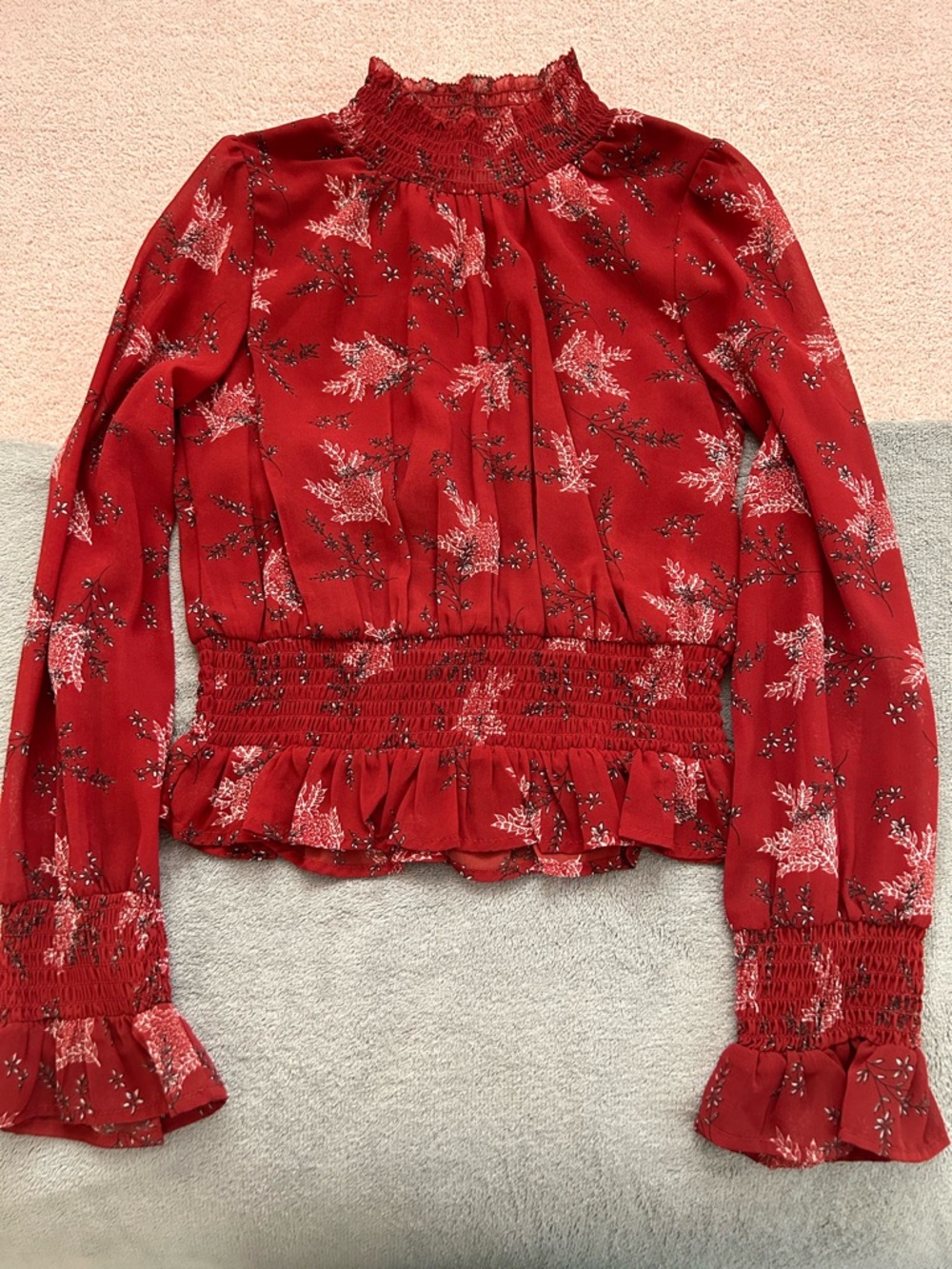 Japna Red Floral Smocked Waist Ruffle Neck Blouse